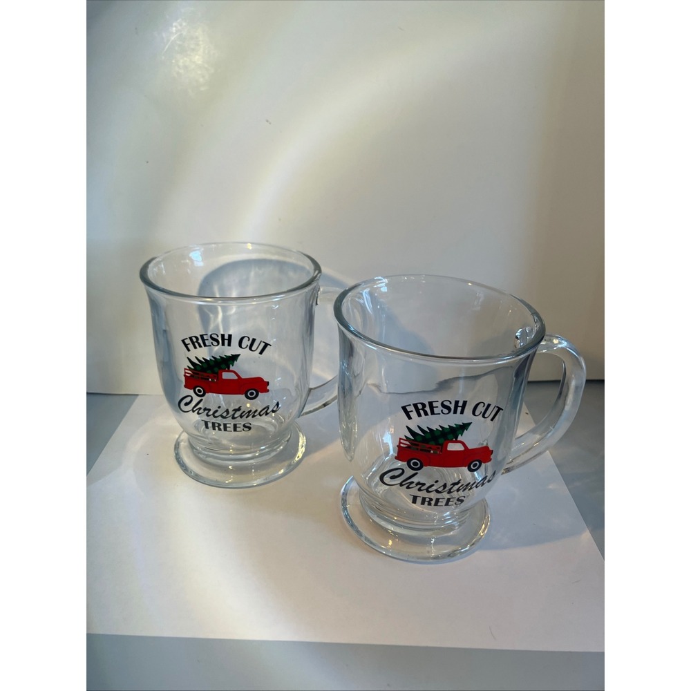 Clear Glass Footed Mugs, Christmas Trees, Red Truck, Fresh Cut, Holiday Set, 2